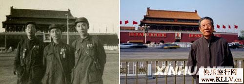 左图为1949年开国大典的前一天,杨振亚(右一)与两位战友在天安门前留影;右图为60年后的2009年,已经从八一电影制片厂退休的杨振亚再次站在同一地点拍照,两位战友已不在人世。黑明 摄(黑白照片为资料照片)