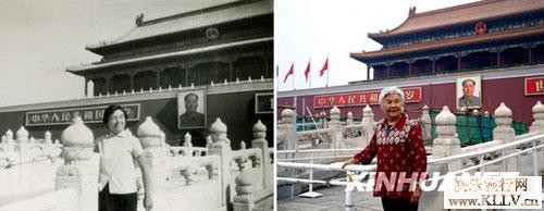 左图为1964年,32岁的陈士和在天安门前的金水桥上留影,当时她是山西省水利厅的一名工程师;右图为2009年,78岁的陈士和回国探亲时再次在金水桥上留影,这时她已经退休并定居美国。黑明 摄(黑白照片为资料照片)