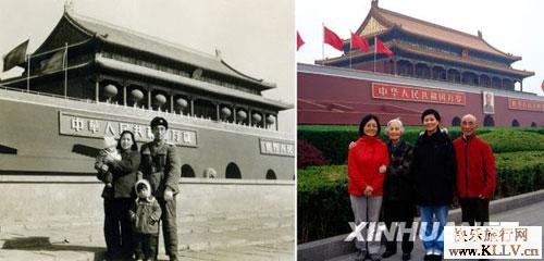 左图为1958年在部队工作的应德毅(右)与妻子章锦芳带着3岁的应左娃(左一)和6岁的应代娅在天安门前留影;右图为2009年,已成为教师的小女儿应左娃(左一)和曾留学德国并就职于西门子的大女儿应代娅(左三)再次与父母应德毅(右一)、章锦芳在天安门前留影。黑明 摄(黑白照片为资料照片)